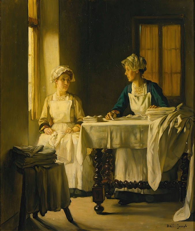 Joseph Bail - Interior With Two Women Folding Sheets