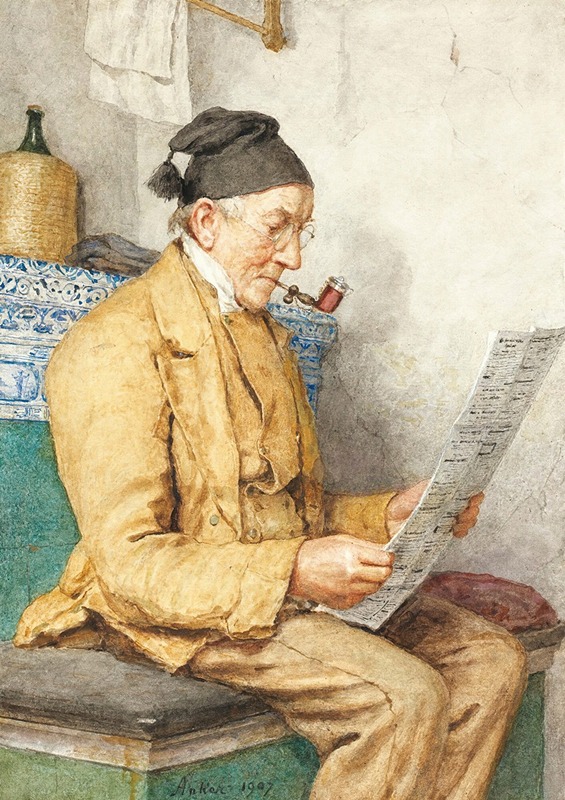Albert Anker - Reading Farmer Sitting By The Tiled Stove