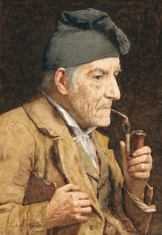 Albert Anker - Old Man Smoking His Pipe