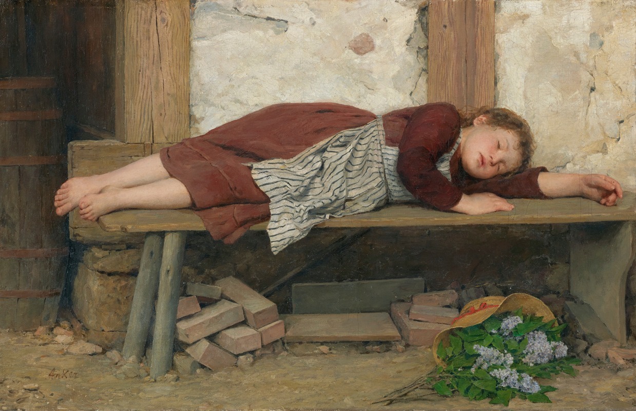 Albert Anker - Sleeping Girl On A Wooden Bench