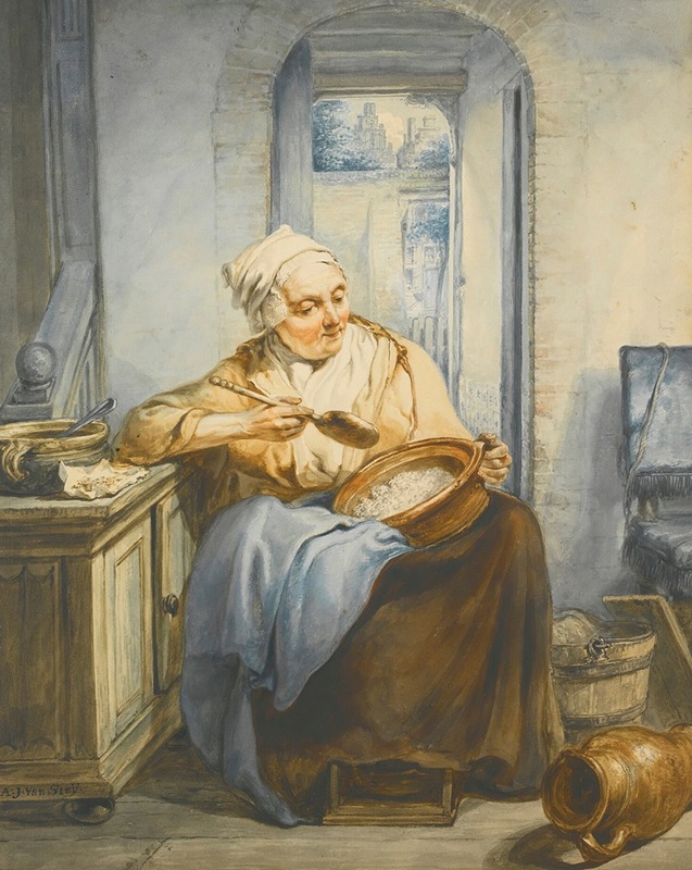 Jacob van Strij - Interior With An Old Lady Preparing Food