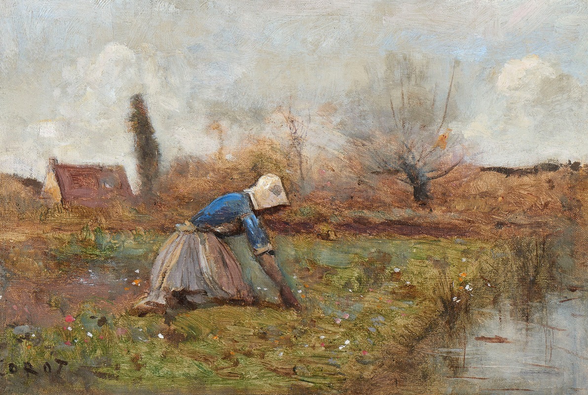 Jean-Baptiste-Camille Corot - Fermière agenouillée cueillant des pissenlits