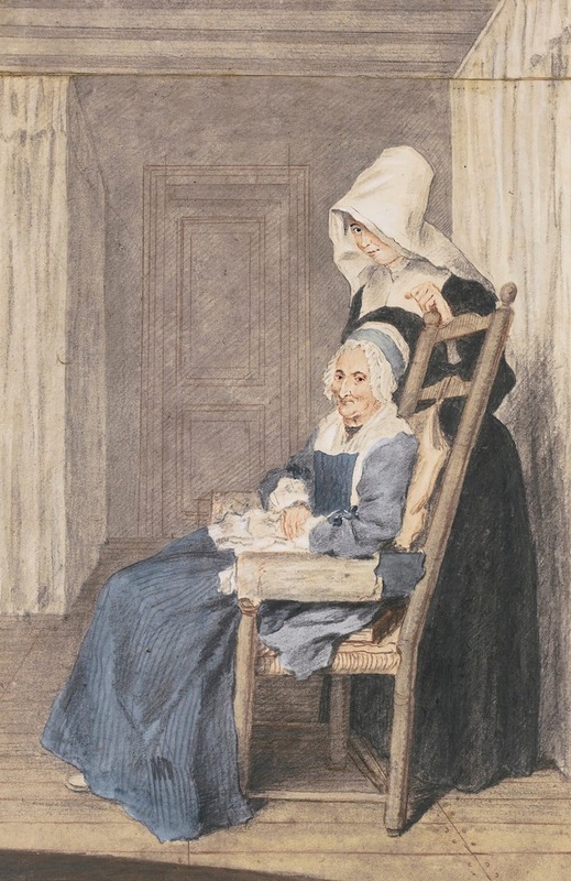 Louis Carrogis Carmontelle - Portrait Of Marie Louise Petit, At The Age Of 105, With A Nurse Standing Behind