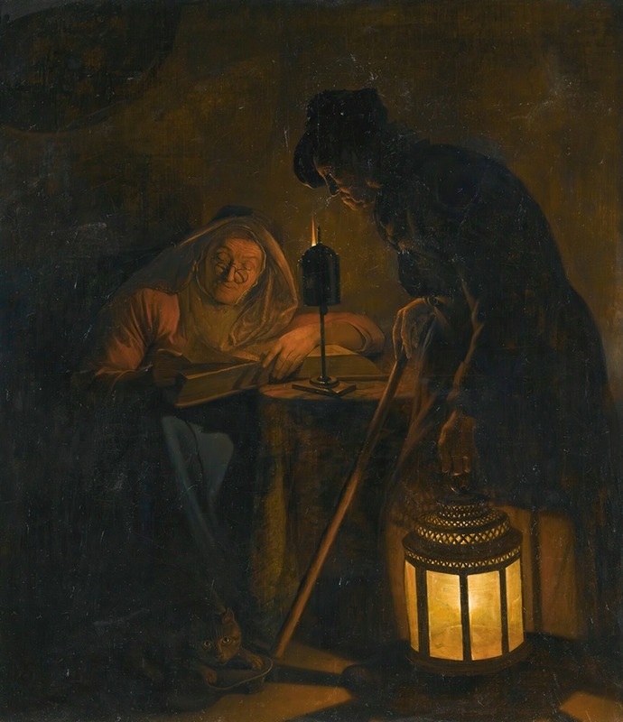 Michiel Versteegh - An Interior With An Old Woman Reading By Candlelight And A Man Holding A Lantern