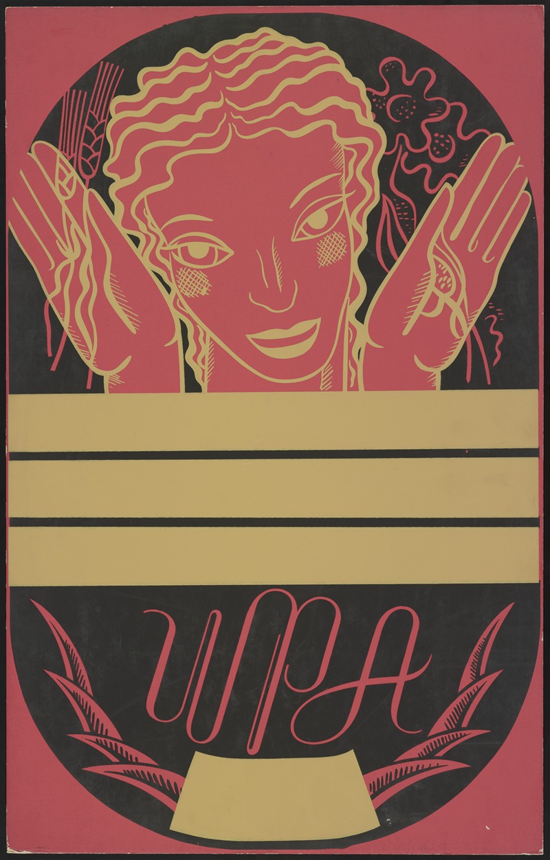 Anonymous - WPA poster design showing the head and hands of a woman holding flowers and wheat