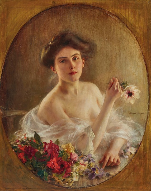Albert Lynch - Portrait of a young woman with flowers