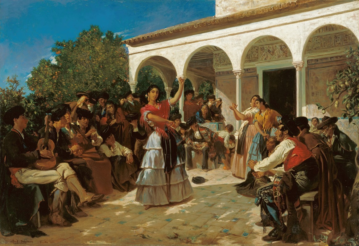 Alfred Dehodencq - A Gypsy Dance in the Gardens of the Alcázar, in front of Charles V Pavilion