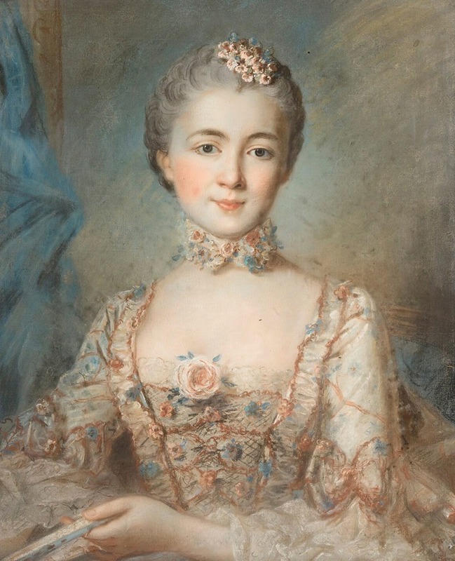 French School - Portrait Of A Woman In A Floral Dress