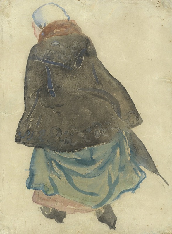 Leo Gestel - Lopende vrouw met cape en parapluie, op de rug gezien