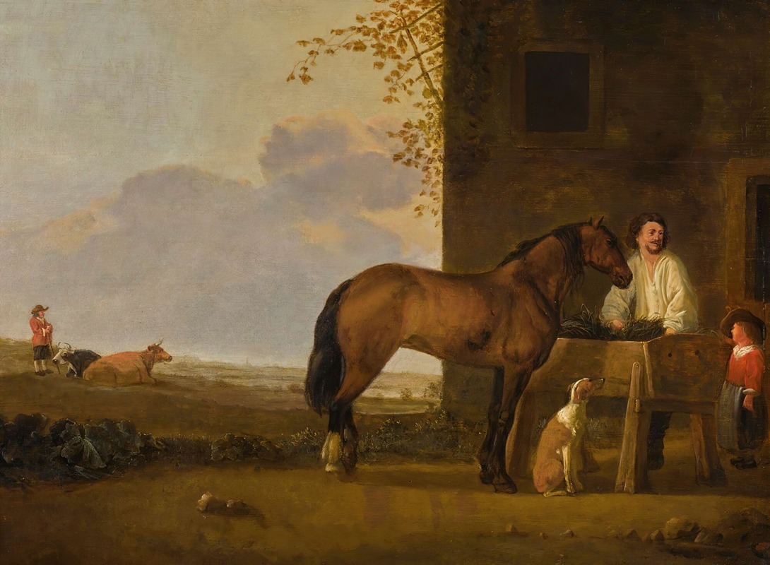 Abraham Van Calraet - A horseman tending his horse, a cowherd with his cattle beyond