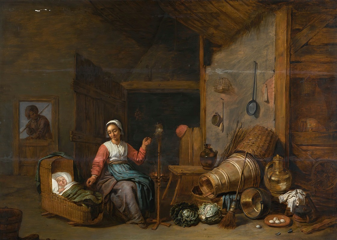 Abraham Willemsens - Interior with a mother spinning yarn by a cradle