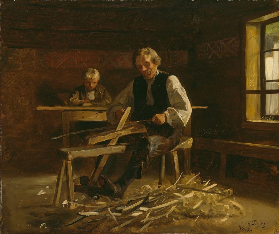 Adolph Tidemand - Interior from Vikøy with Farmer making Barrel Hoops