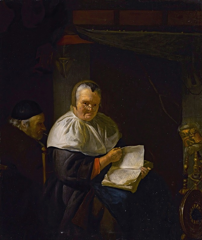 Anthony van Deyl - Interior with a woman reading by a spinning wheel, and a man smoking