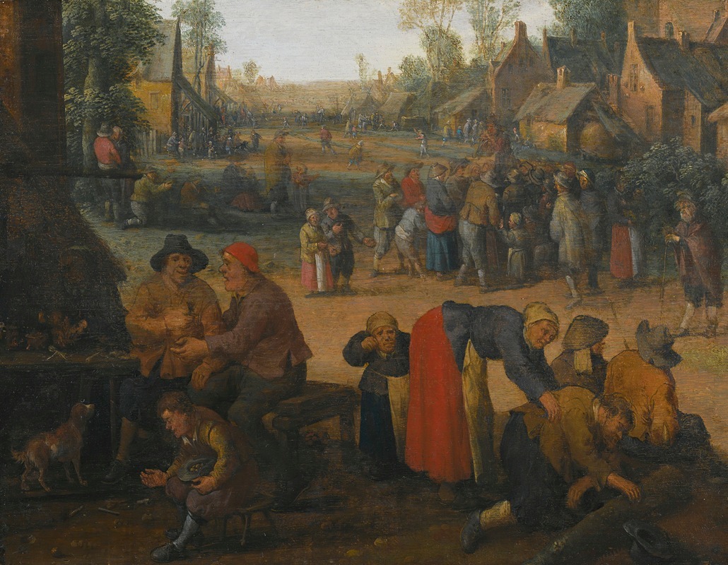 Joost Cornelisz Droochsloot - A village scene with numerous peasants and a travelling merchant
