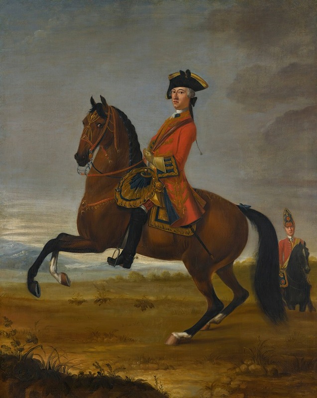 David Morier - An equestrian portrait of an officer of the 1st troop of horse grenadier guards on a bay charger, with a trooper to the right