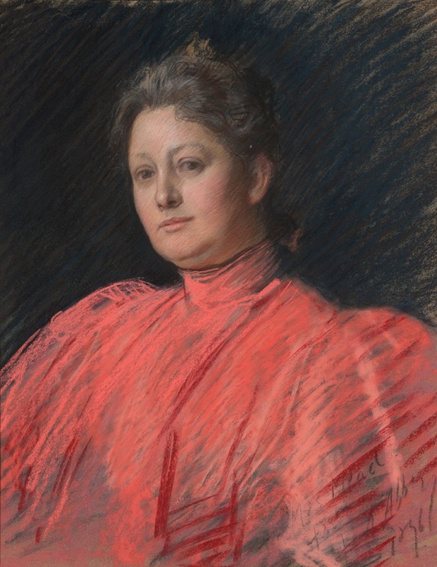 Edwin Austin Abbey - Portrait of Mrs. Abbey in pink dress, waist length