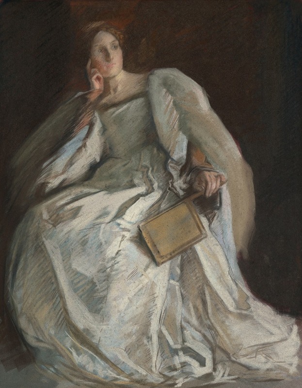 Edwin Austin Abbey - Lady in White Seated. Right Hand to Chin. Holding Fan.