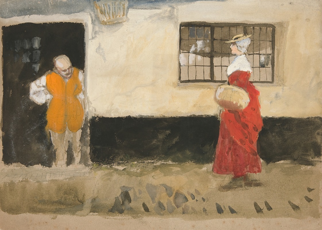 Edwin Austin Abbey - Study of street scene, man at door, woman in red dress.