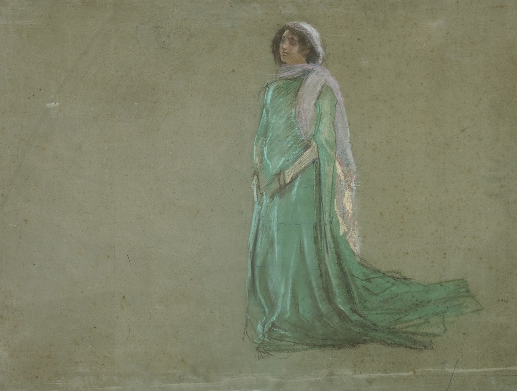 Edwin Austin Abbey - Study, woman in long green dress, pink scarf