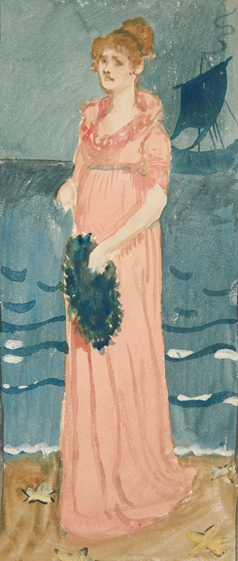 Edwin Austin Abbey - Unidentified illustration of woman on a beach, ship in distance