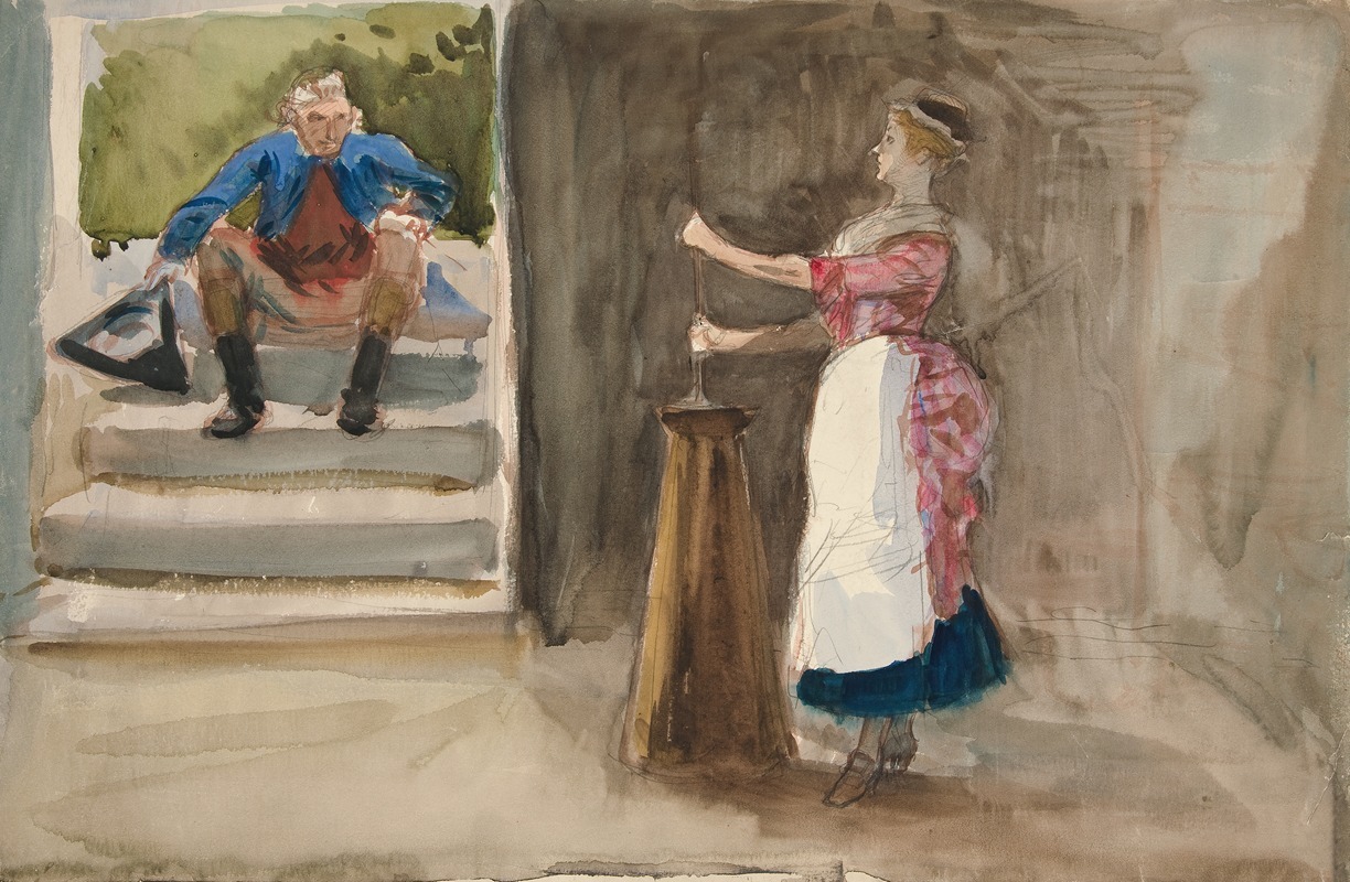 Edwin Austin Abbey - Woman churning butter, man in Revolutionary dress watching