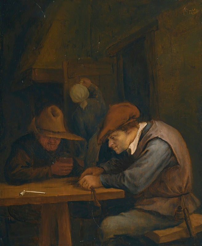 Jan Steen - Peasants drinking and cutting tobacco in an inn