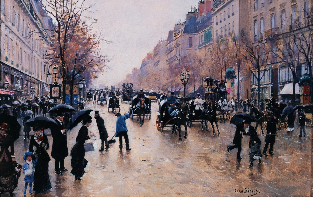 Jean Béraud - Le boulevard Poissonière sous la pluie