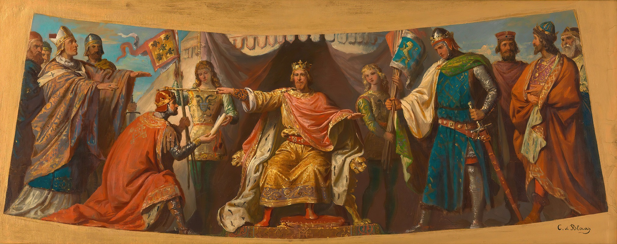Karl von Blaas - Ölskizze für die Fresken in der Ruhmeshalle des Arsenals; Friedrich Barbarossa belehnt Heinrich Jasomirgott und Heinrich den Löwen