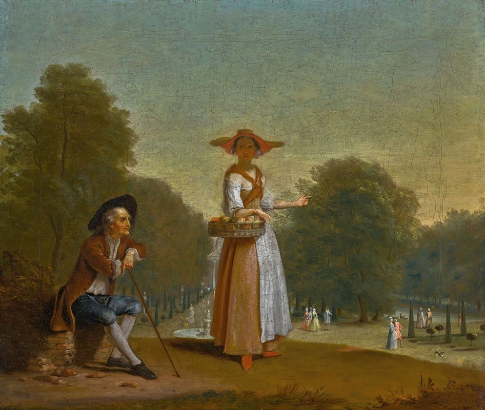 Pieter Angillis - A fruitseller and a man resting, a park beyond