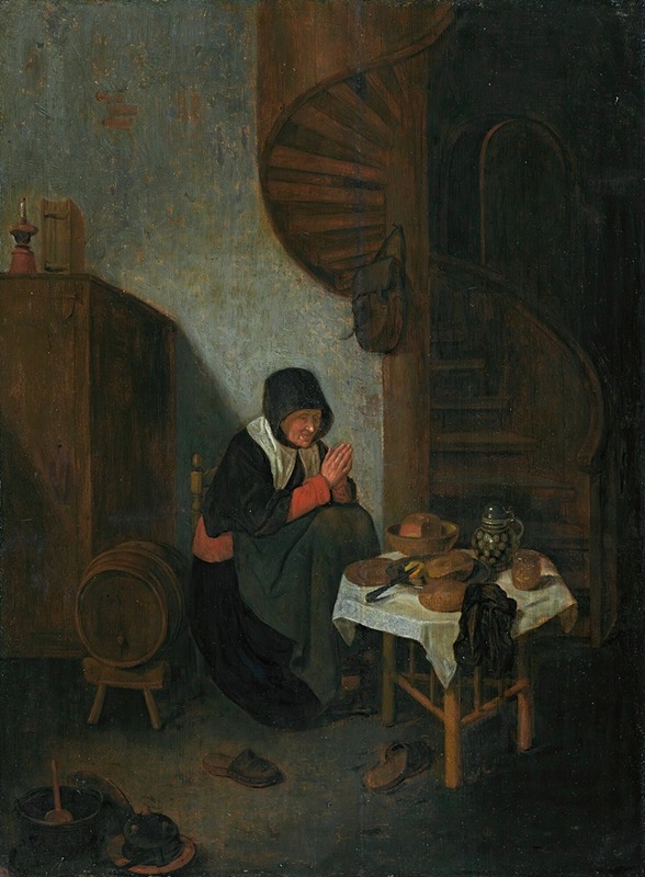 Quirijn Van Brekelenkam - An old woman in an interior saying grace before a meal