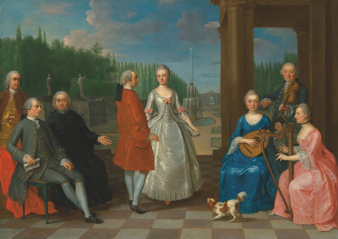 Balthasar Beschey - A portrait of Jacques-Jean Cremers (1736- after 1803) and his wife, dancing, on a garden terrace surrounded by other members of the family, playing music