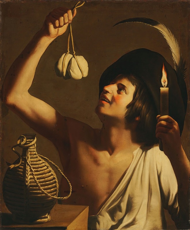 Gerard van Honthorst - A young man holding a burning candle and a scamorza cheese, a fiasco bottle beside him