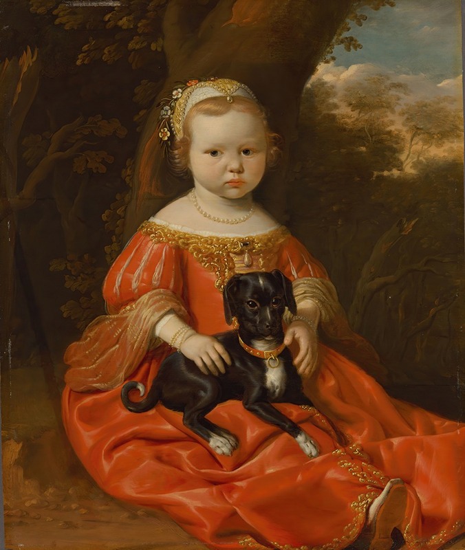 Jan Jansz. de Stomme - Portrait of a young girl in a red dress with her dog in a landscape