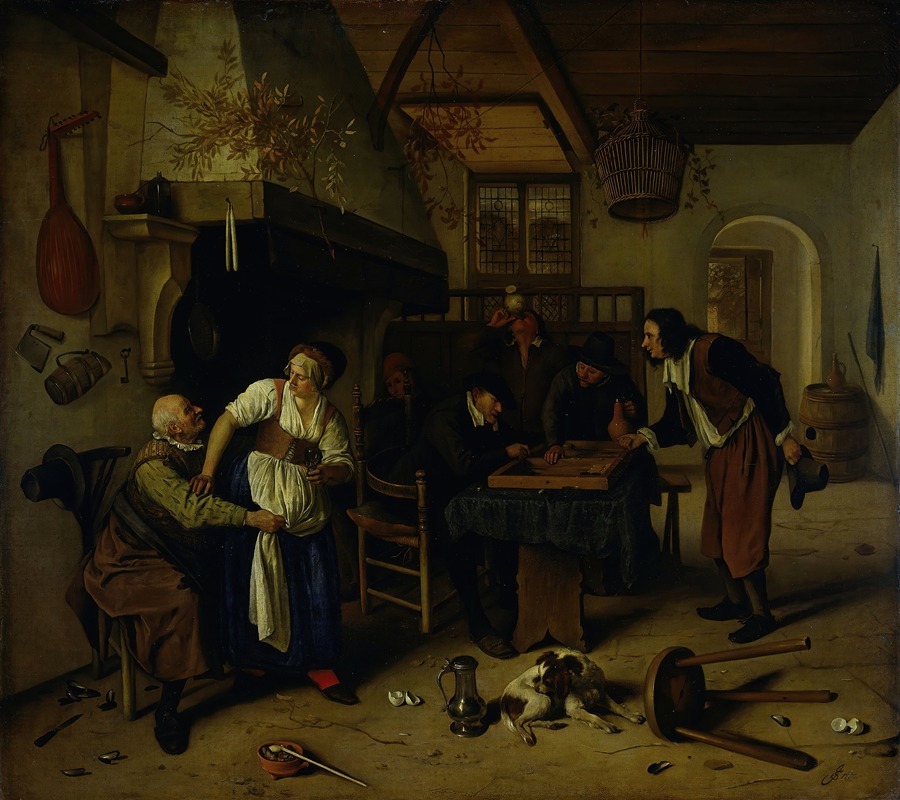 Jan Steen - Interior of an inn with an old man amusing himself with the landlady and two men playing backgammon, known as ‘Two kinds of games’