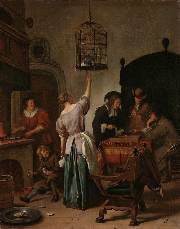 Jan Steen - Interior with a Woman Feeding a Parrot, Known as ‘The Parrot Cage’