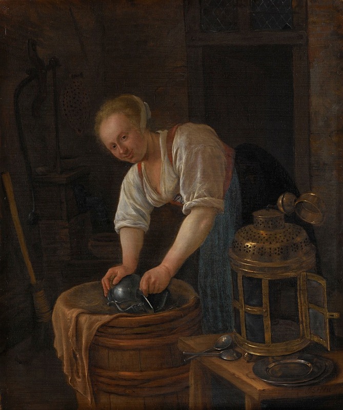 Jan Steen - Woman scouring metalware
