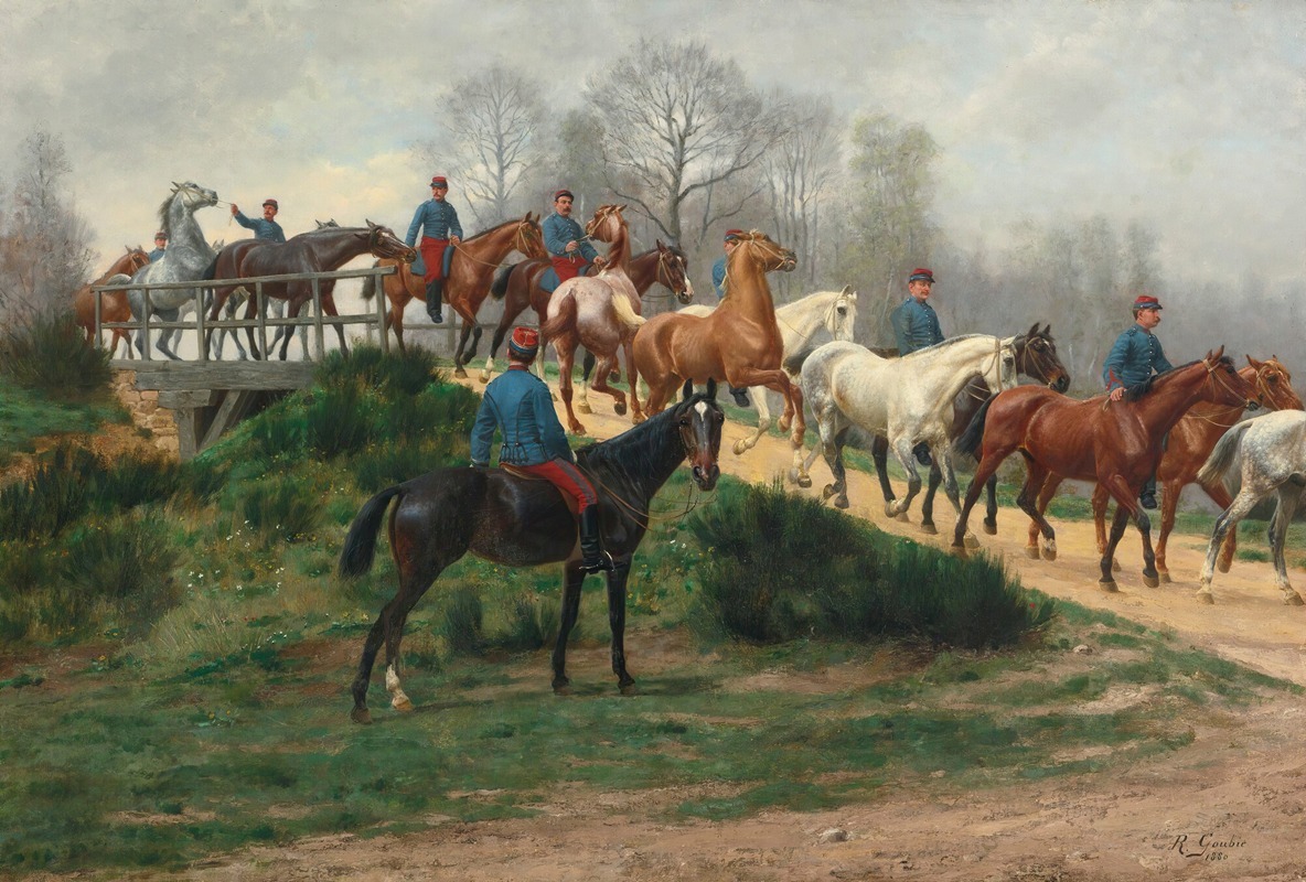 Jean Richard Goubie - Soldiers leading horses over a bridge
