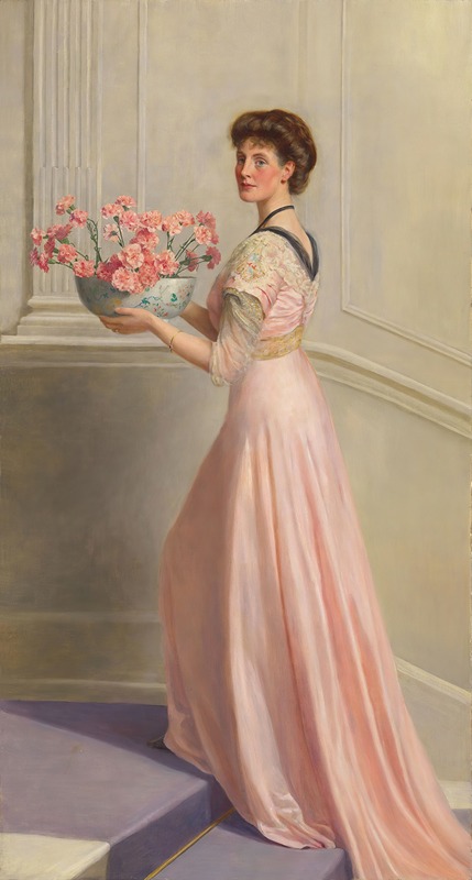 John Collier - Portrait of a lady in pink carrying a bowl of pink carnations