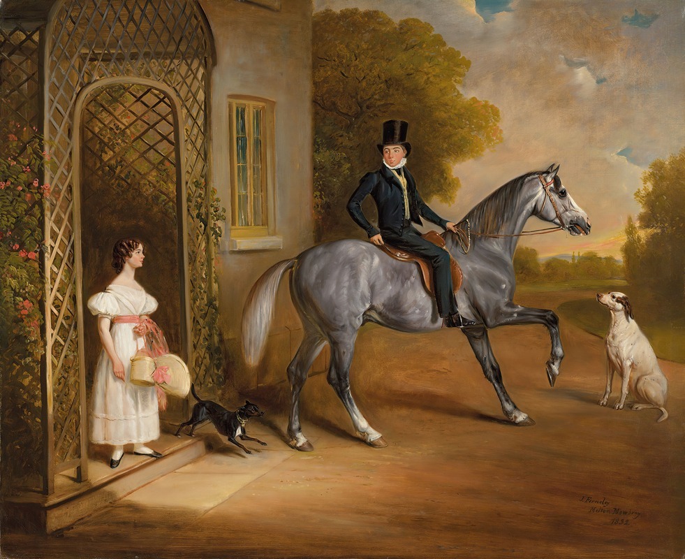 John Ferneley - Master John Marriott on a grey horse, with his sister Annis and their dogs outside the Elms, Cropwell Butler