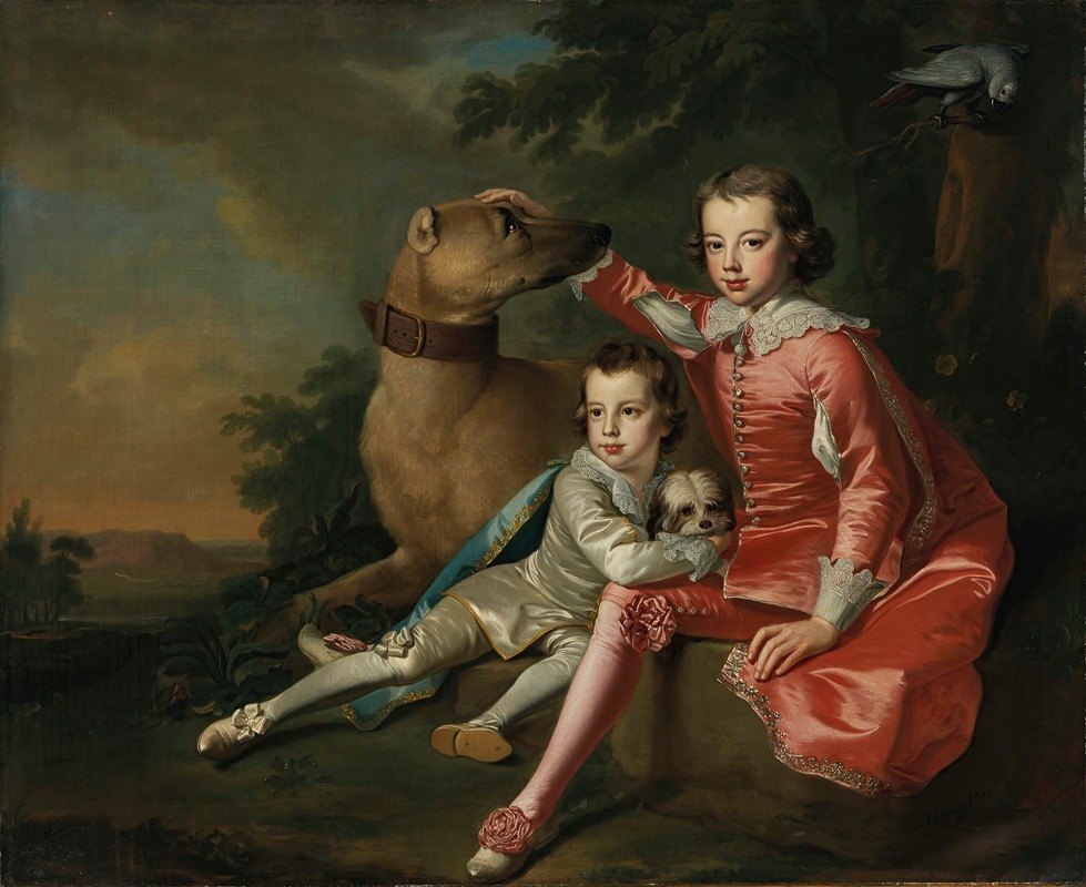 Thomas Hudson - Portrait of John and Robert, sons of Robert Ker, 2nd Duke of Roxburghe, in van Dyck costume with their two dogs