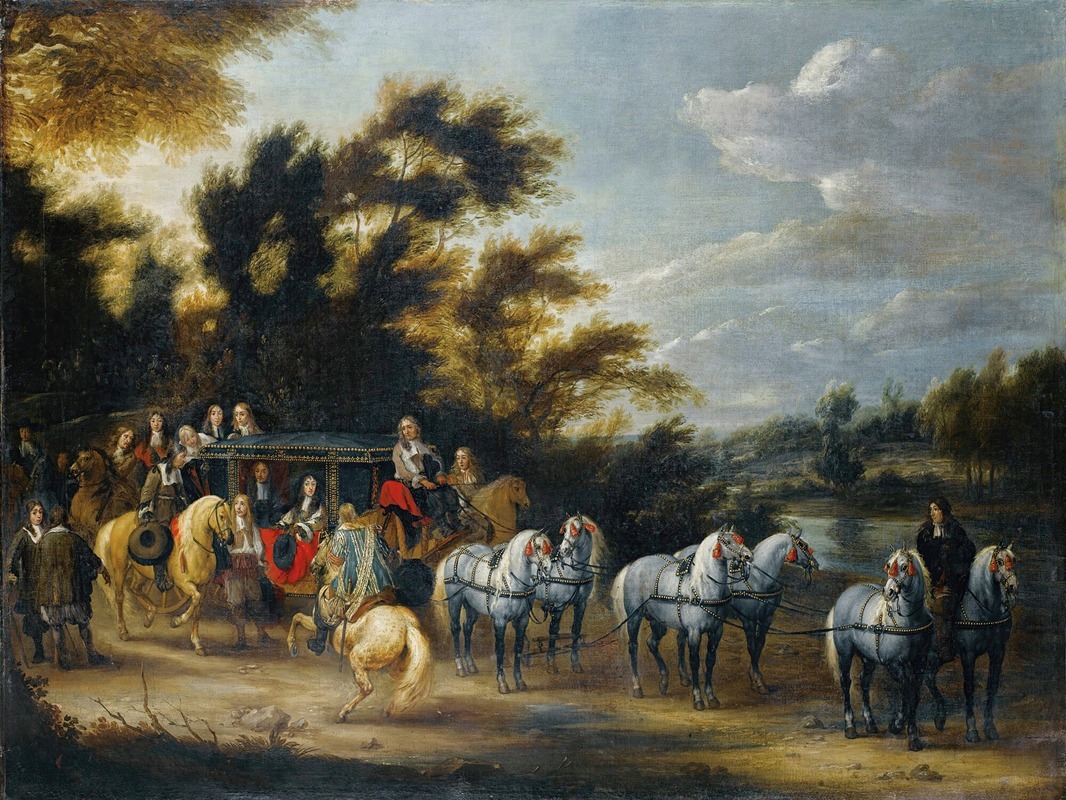 Adam Frans van der Meulen - Carriage halt near a wood
