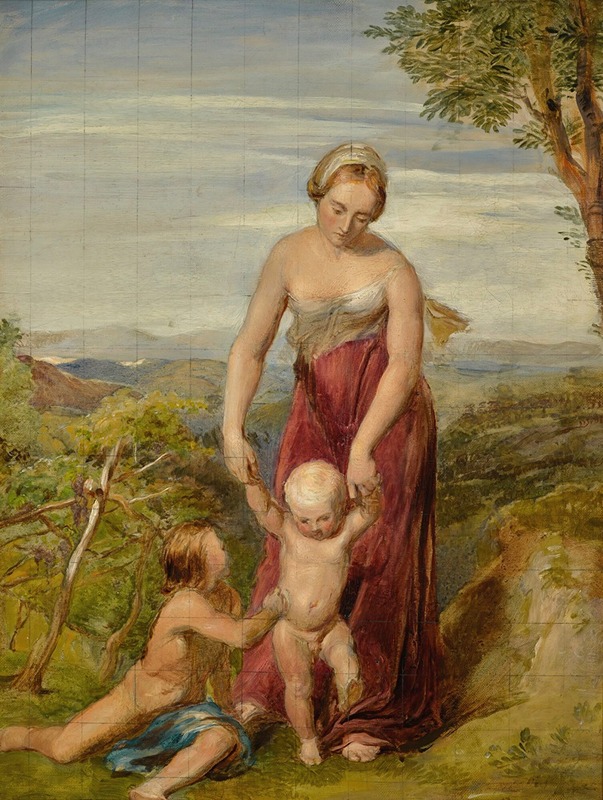 George Richmond - A woman with two children in a hilly landscape