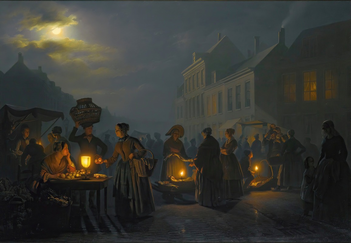 Petrus van Schendel - A market at dusk