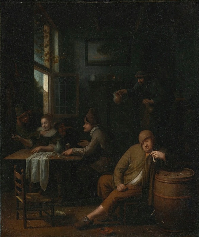 Pieter Harmensz. Verelst - A tavern interior with figures drinking at a table and a man smoking a pipe