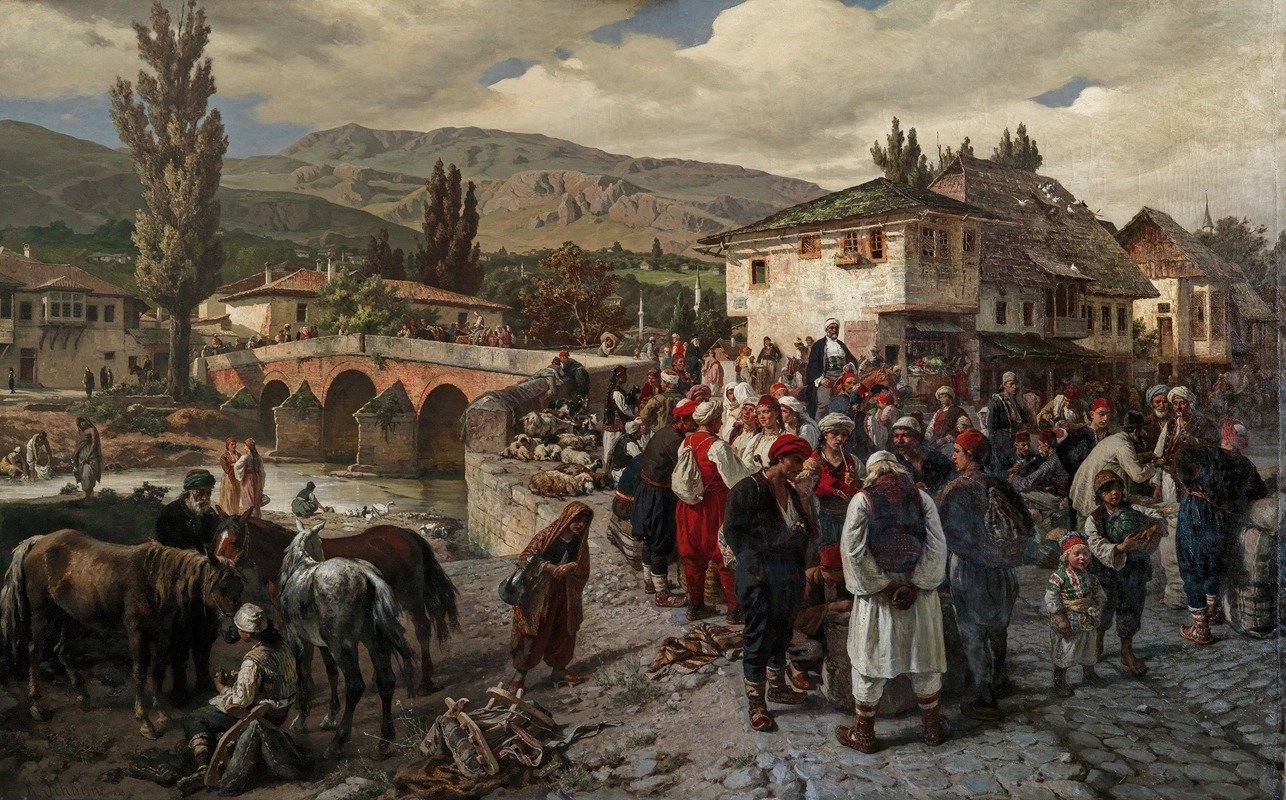 Alois Schönn - An der lateinischen Brücke in Sarajewo Marktszene in der Herzegowina
