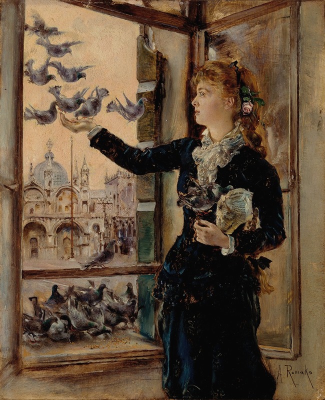 Anton Romako - Mädchen an einem Fenster zum Markusplatz, Tauben fütternd