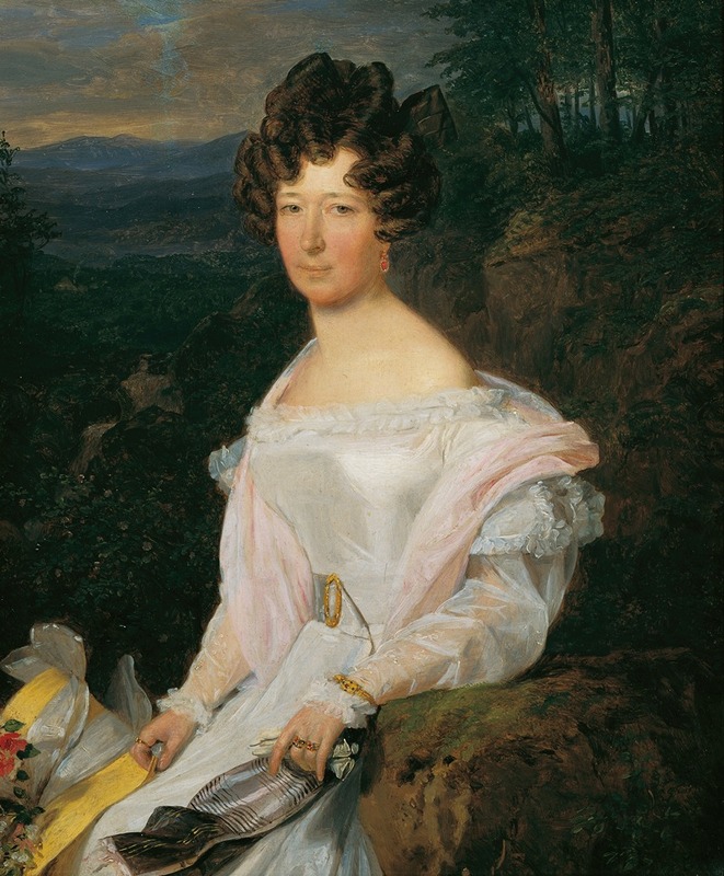 Ferdinand Georg Waldmüller - Dame in weißem Kleid vor einer Wienerwaldlandschaft