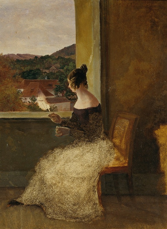 Friedrich Loos - Dame am Fenster mit Spinnrocken