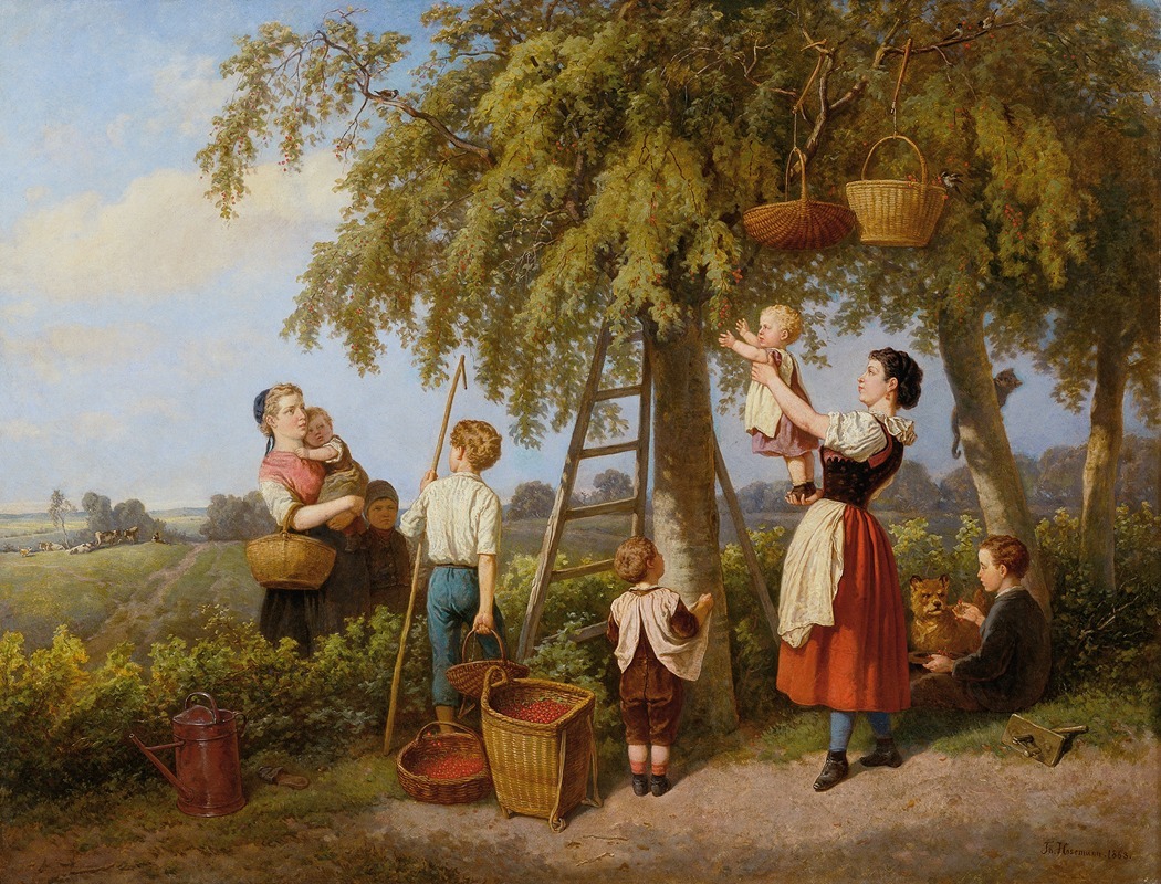 Theodor Hosemann - Die Kirschenernte Bauernfamilie im Obstgarten