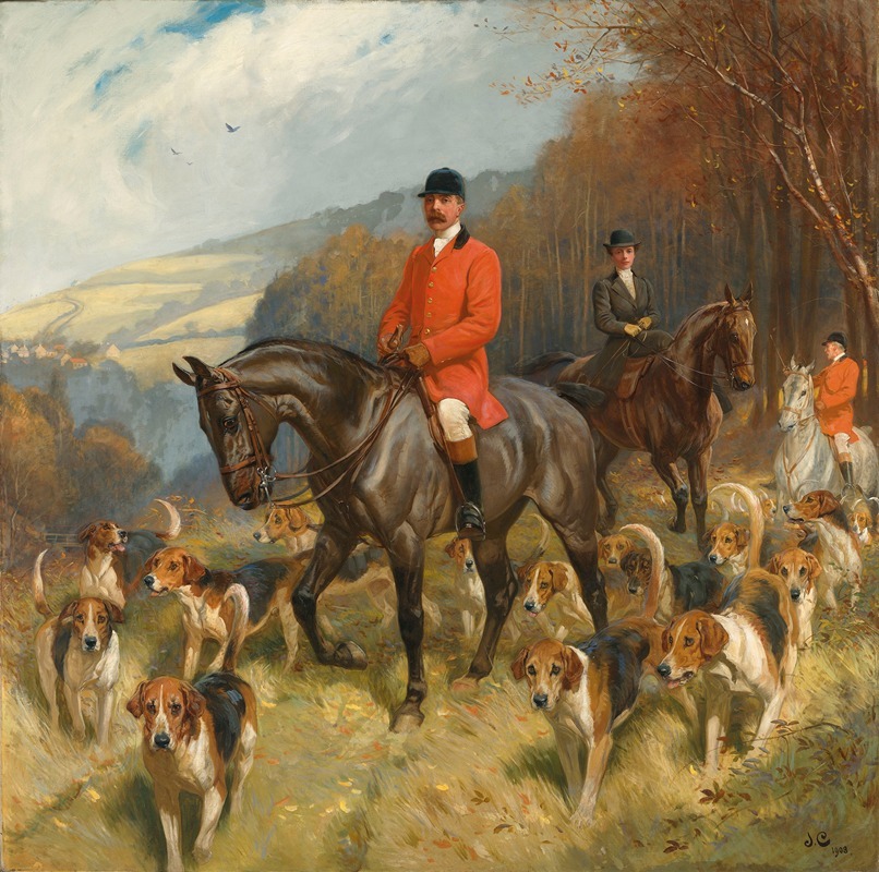 John Charlton - Mr and Mrs Lewis Priestman on hunters with the Braes of Derwent hunt, in a landscape